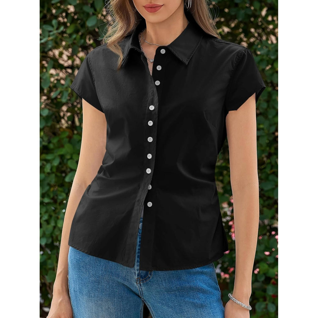 Womens Summer Button Down Shirts Short Sleeve Slim Fit Petite Ruched Cotton Blouses Cute Going Out Tops
