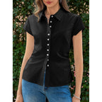 Womens Summer Button Down Shirts Short Sleeve Slim Fit Petite Ruched Cotton Blouses Cute Going Out Tops