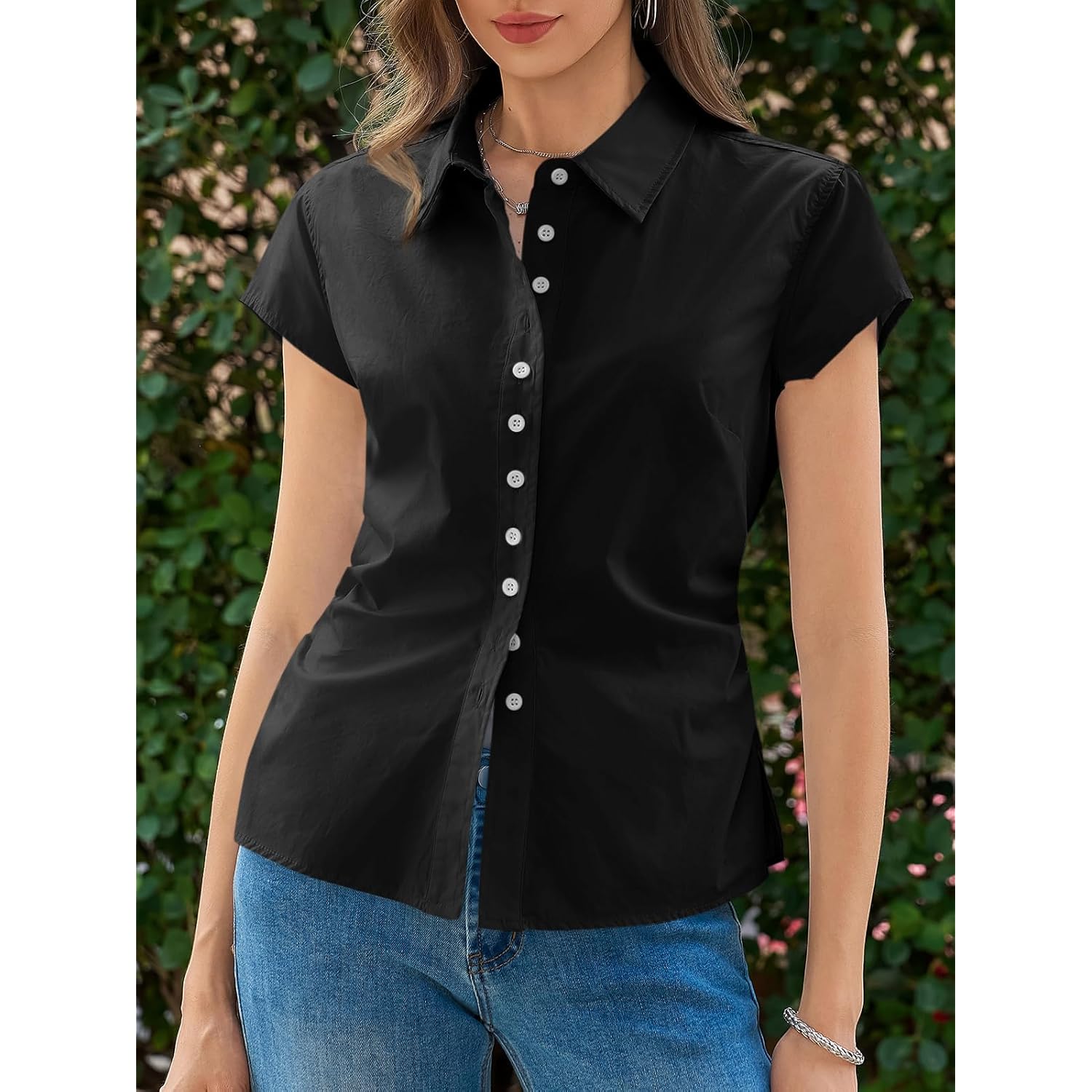 Womens Summer Button Down Shirts Short Sleeve Slim Fit Petite Ruched Cotton Blouses Cute Going Out Tops