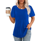Ofeefan Womens T Shirts Short Sleeve Pleated Dressy Casual Scooped Neck Summer Tops Blouses