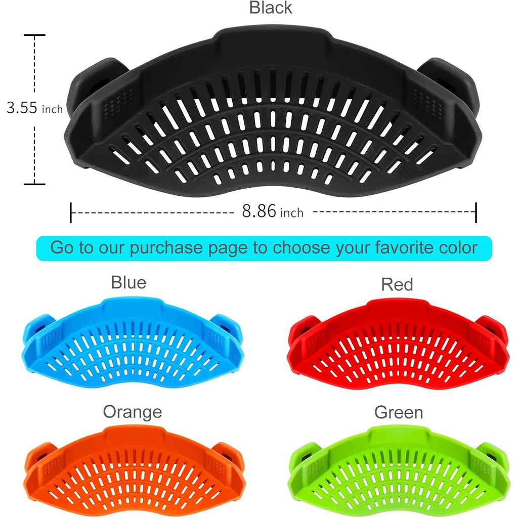 Auoon Clip On Strainer Silicone For All Pots, Standard 8.86 X 3.55In, Black | Food-Grade Bpa-Free, Fits Pots Pans Bowls, Dishwasher Safe, For Pasta Noodles Vegetable Fruits, Space-Saving Kitchen Gadget