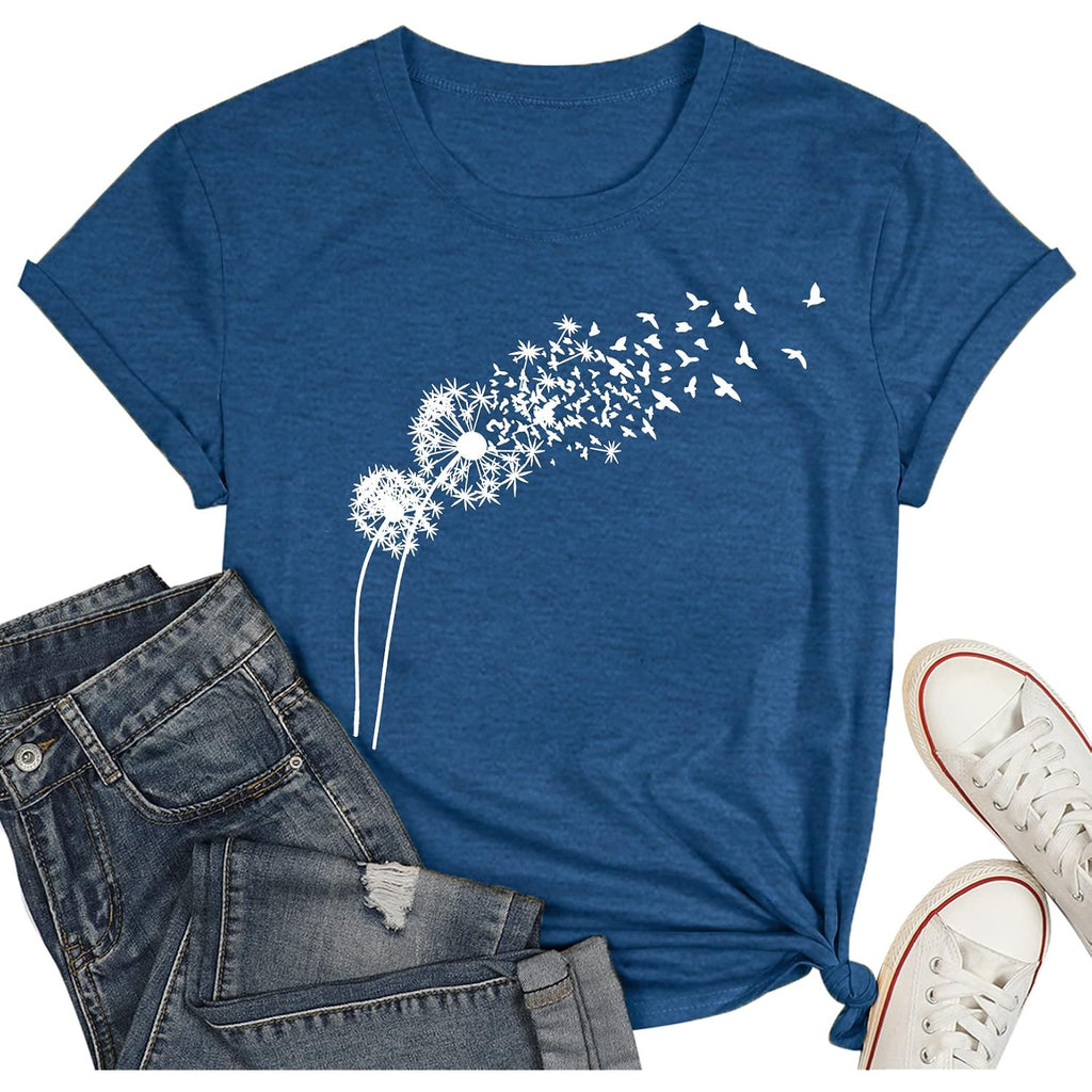 Womens Dandelion Shirts Boho Flower Graphic Tee Scatter Kindness T Shirts Casual Summer Floral Tops Blue