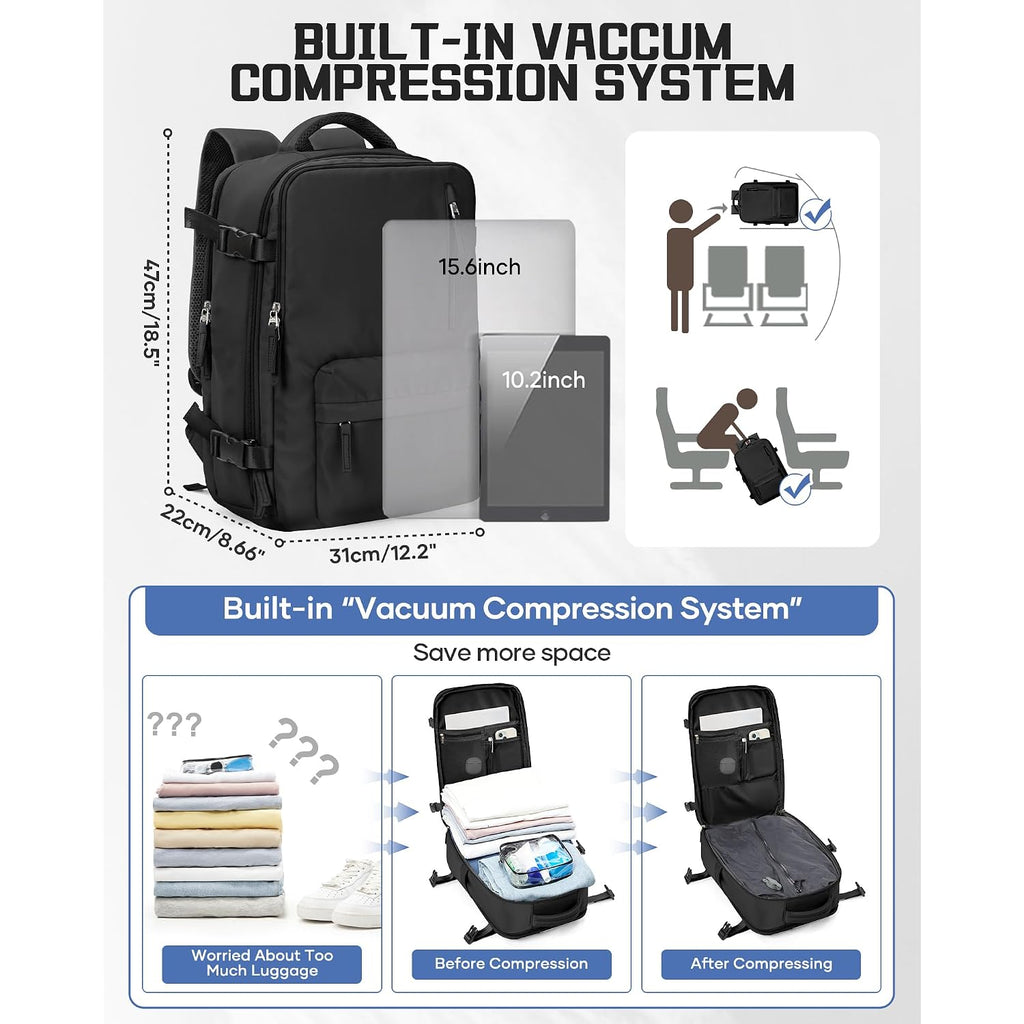 Wonhox Vacuum Seal Backpack For Travel With Air Pump Compression Vacpack Carry On Flight Approved Daypack Laptop Space Saver Bags Storage With Vacuum System 18X14X8 Inches Travel Bag Women Men Black
