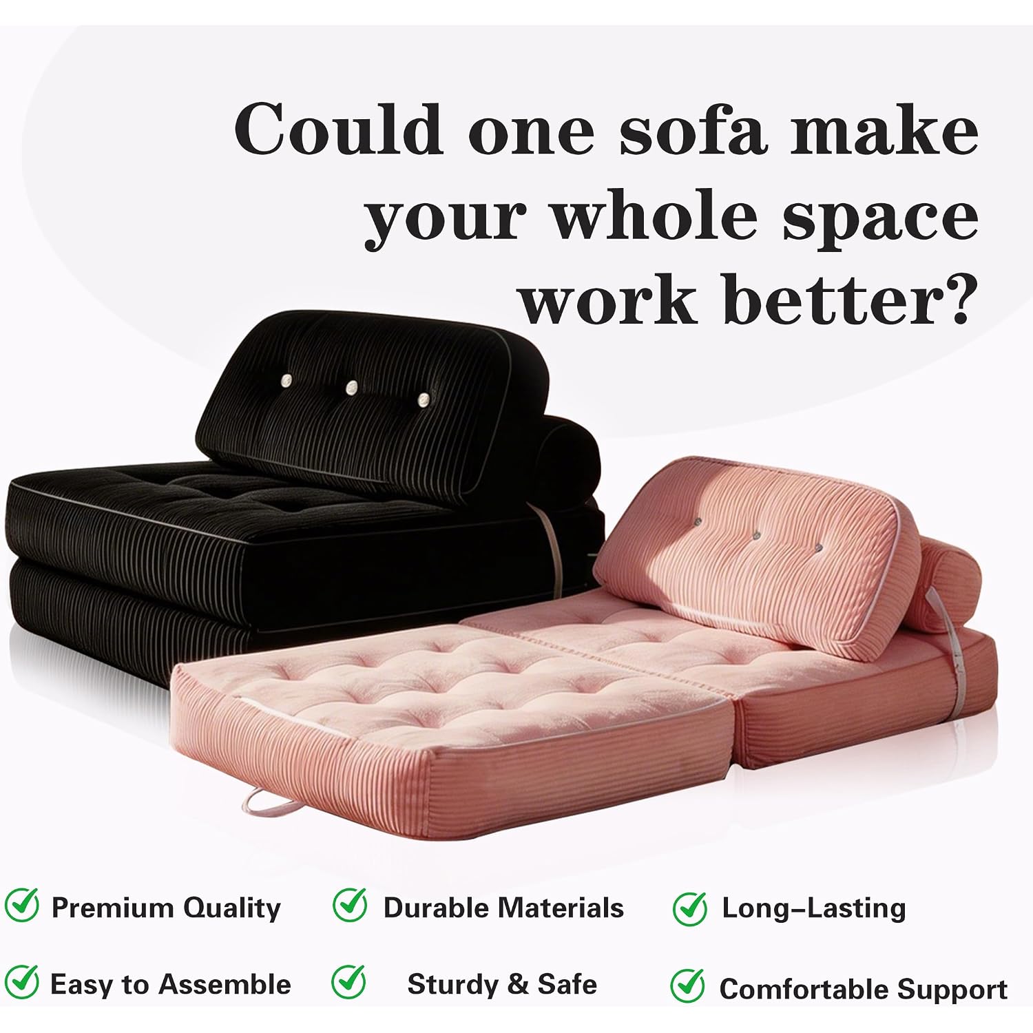Folding Sofa Bed, Flannel Futon Couch Bed With Pillow And Blanket, Convertible Sleeper Chair For Small Space Apartment Guest Room, Black
