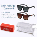 Square Oversized Sunglasses for Women Men Big Flat Top Fashion Shield Large UV Protection Rimless Shades (2packs) Glossy Black + Tortoise