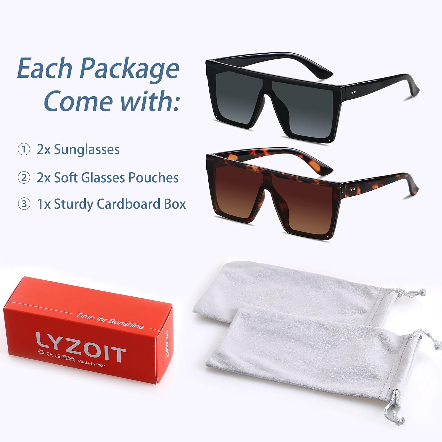Square Oversized Sunglasses for Women Men Big Flat Top Fashion Shield Large UV Protection Rimless Shades (2packs) Glossy Black + Tortoise