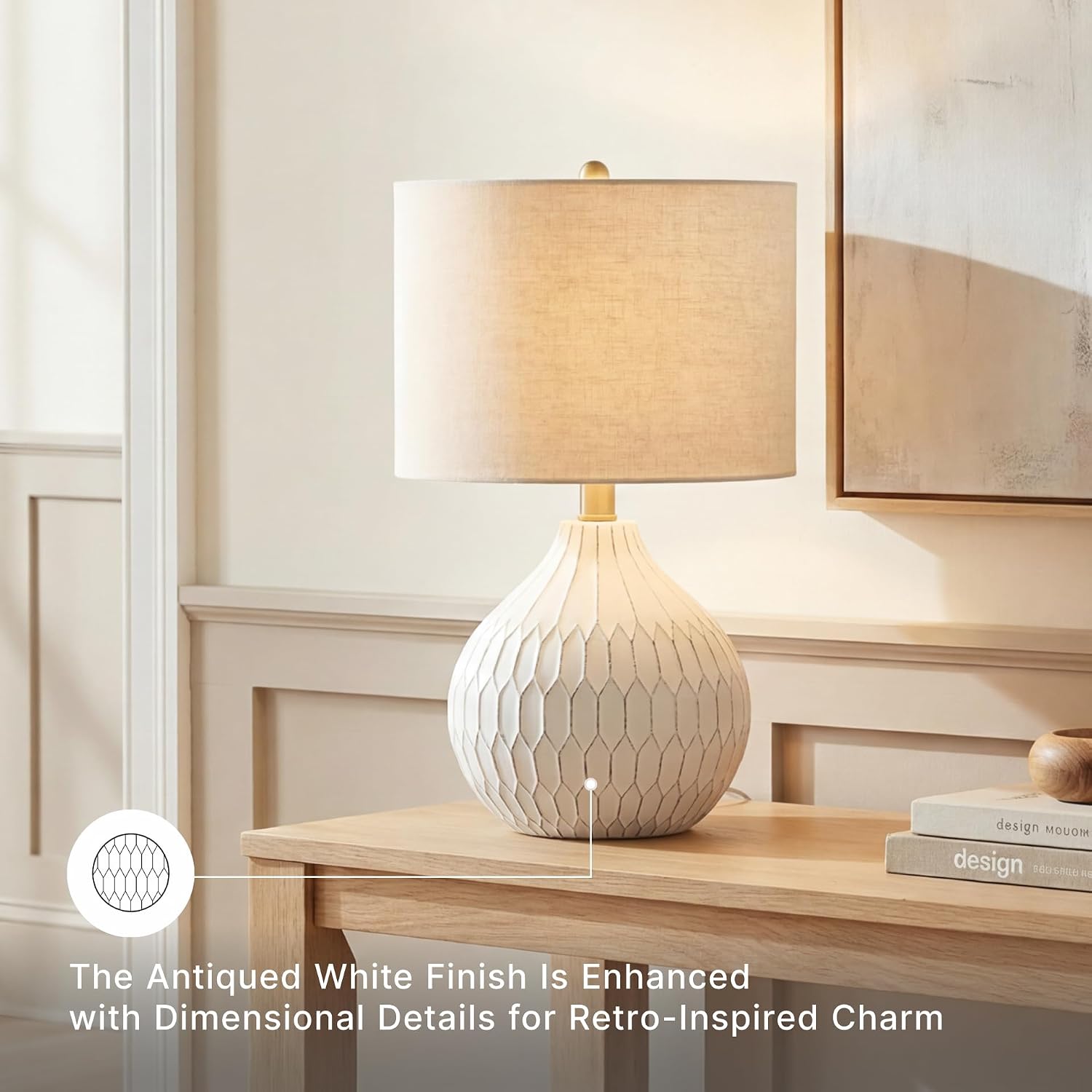 Signature Design By Ashley Wardmont Table Lamp, Compact Bedside Lamp For Nightstand, Retro Dimensional Base With Drum Shade, Antique White Ceramic, 18" H