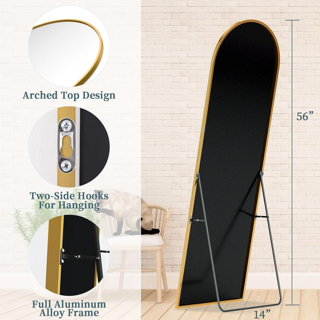Full Length Mirror With Stand, 56"X14" Arched Full Body Mirror, Large Stand Up Aluminum Frame Floor Freestanding Hanging Leaning Mounted For Bedroom Living Room Entryway Gold