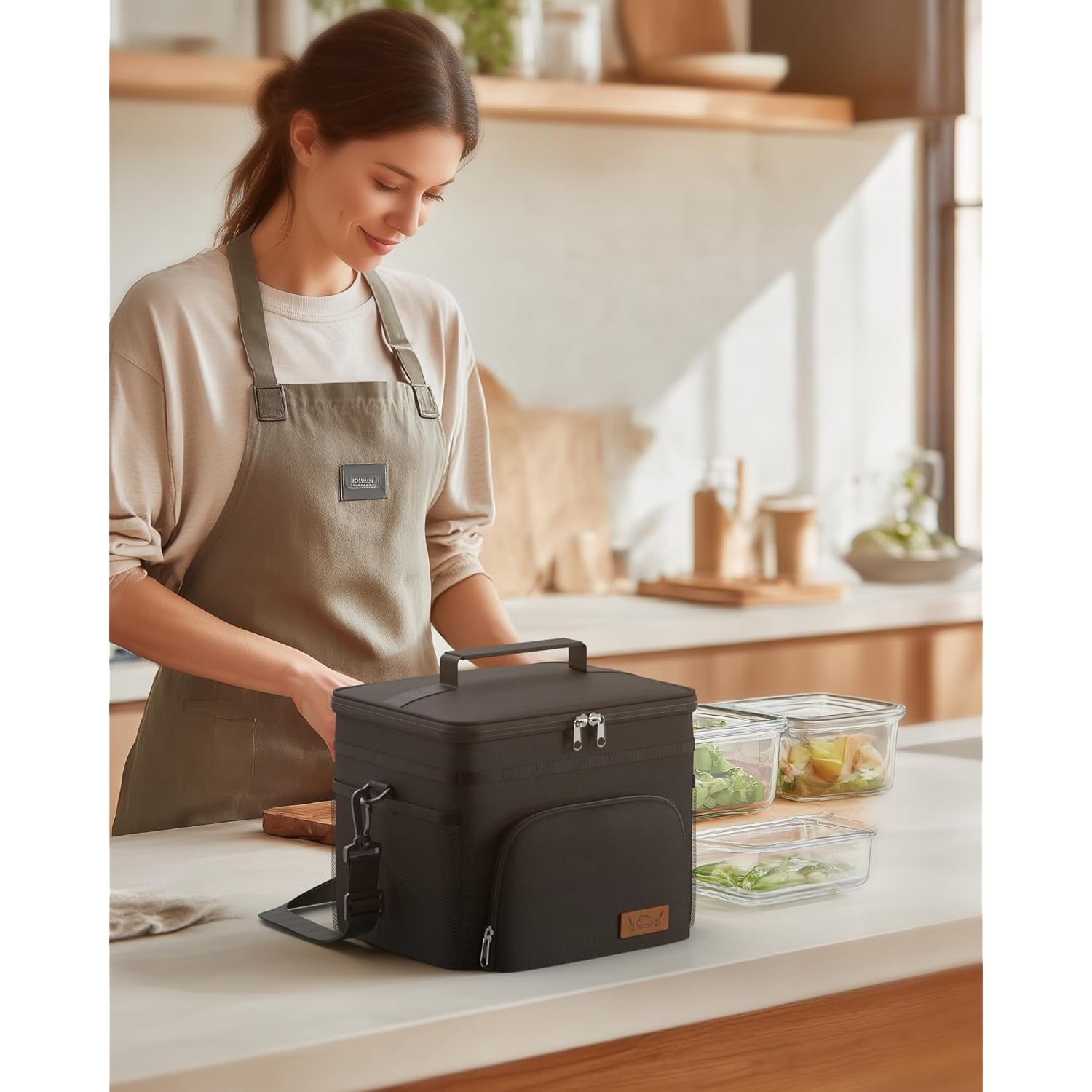 HOTOR Insulated Lunch Box for Men & Women - Leak-Proof Cooler Lunch Bag with 4 Pockets, Adjustable Strap, Ideal for Work, Picnic, Travel - Medium, Black, 10.2"×6.9"×8.5"
