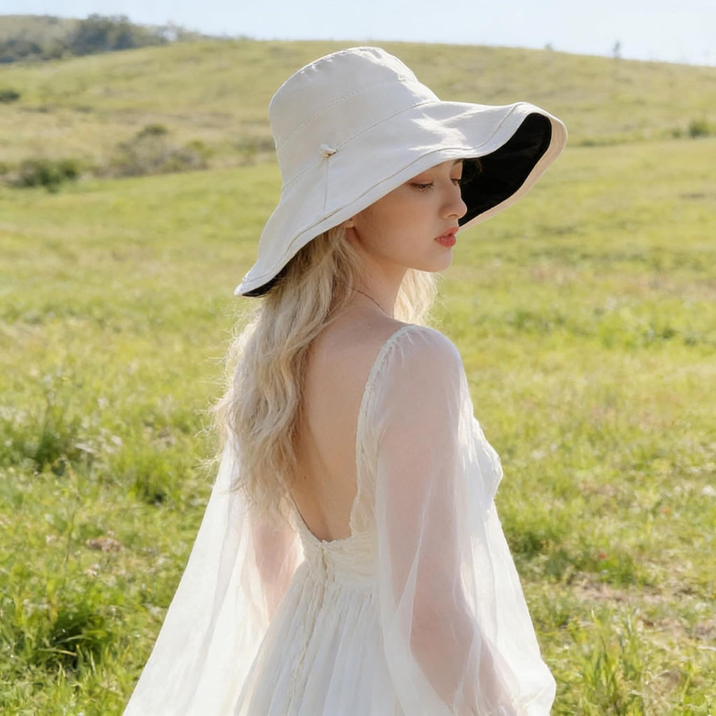 Summer Sun Hat for Women Reversible Wide Brim Foldable Bucket Outdoor UV Protection Beach Hat for Hiking Beach Travel