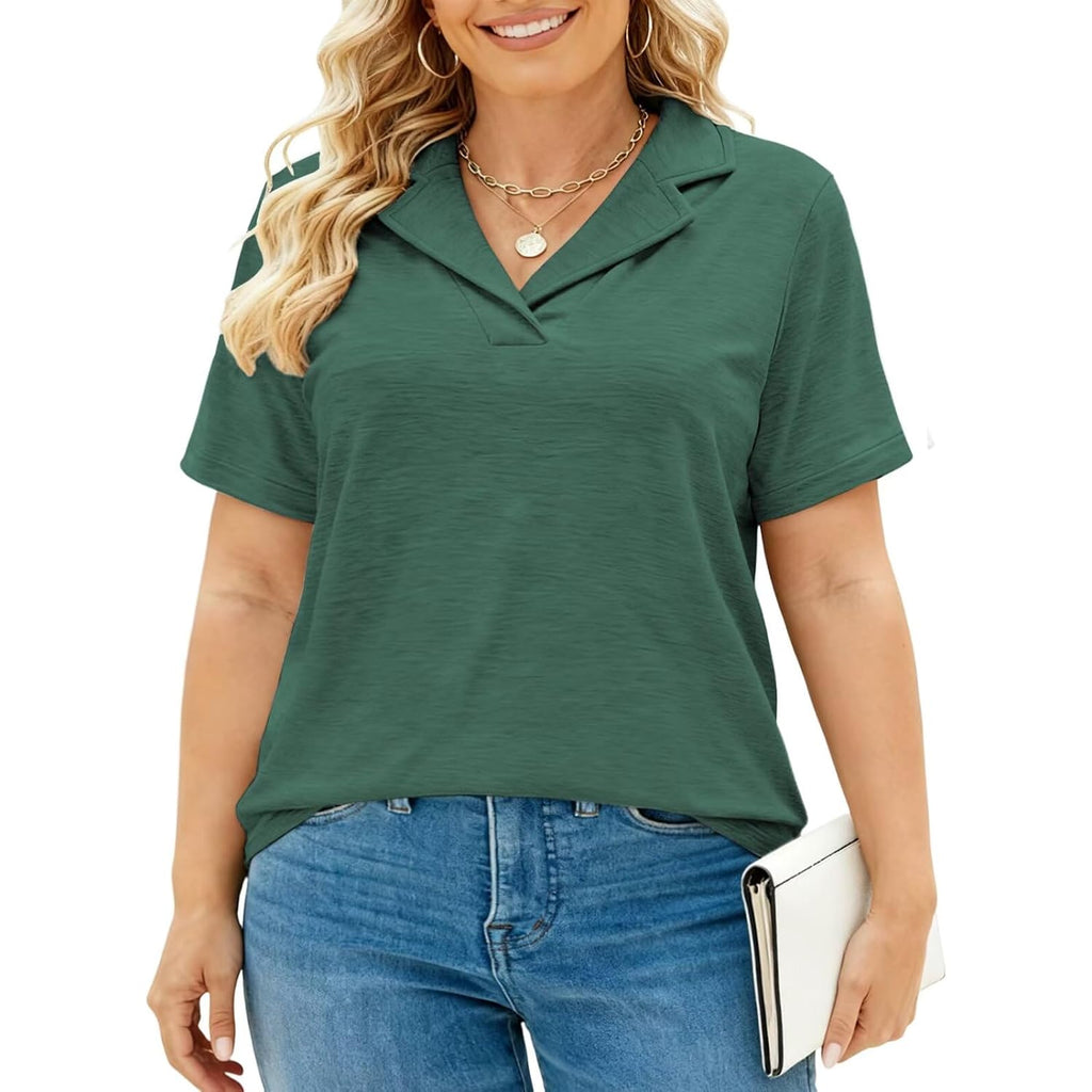 Dolnine Plus Size Polo Shirts For Women V Neck Collared Shirt Casual Short Sleeve Tops Summer Loose Fit Dressy Tunic Blouses
