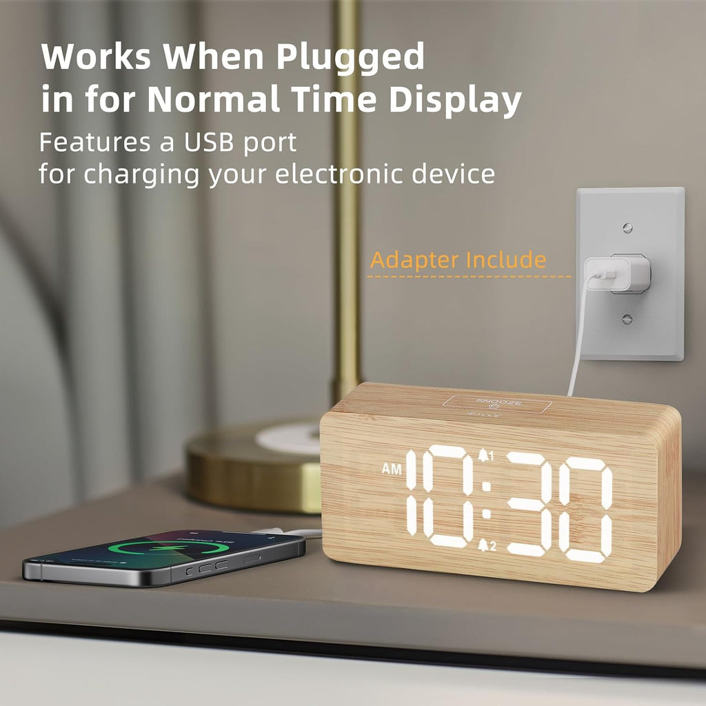 Uscce Wooden Digital Alarm Clocks For Bedrooms With 0-100% Dimmable Display | Desk Clock With Large Numbers For Living Room - Loud Dual Alarm For Heavy Sleepers With Volume Control - Wood Decor & Gifts