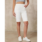 Bermuda Shorts for Women Jean Pull On Elastic Waist High Waisted Knee Length Fold Hem Stretchy Denim Long Shorts