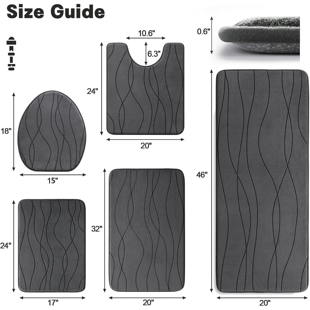 YIHOUSE Memory Foam Grey Bathroom Rug Sets 5 Piece, Ultra Absorbent Bath Mat for Bathroom - Non-Slip Machine Washable & Dry Quickly, 5 Piece Bathroom Mat Set, Dark Grey