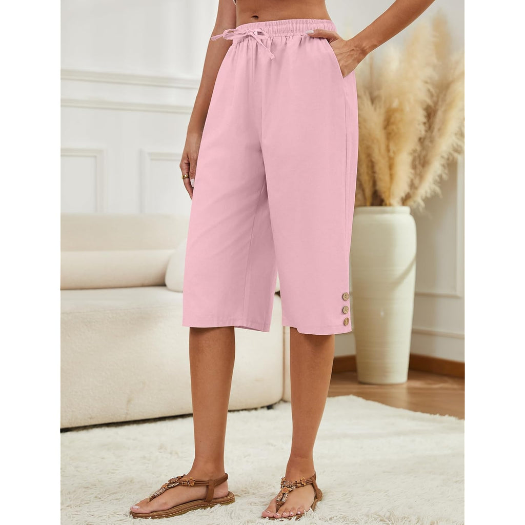 Womens Capris Pants High Waist Drawstring Comfy Casual Pants Lightweight Trousers Buttons with Pockets