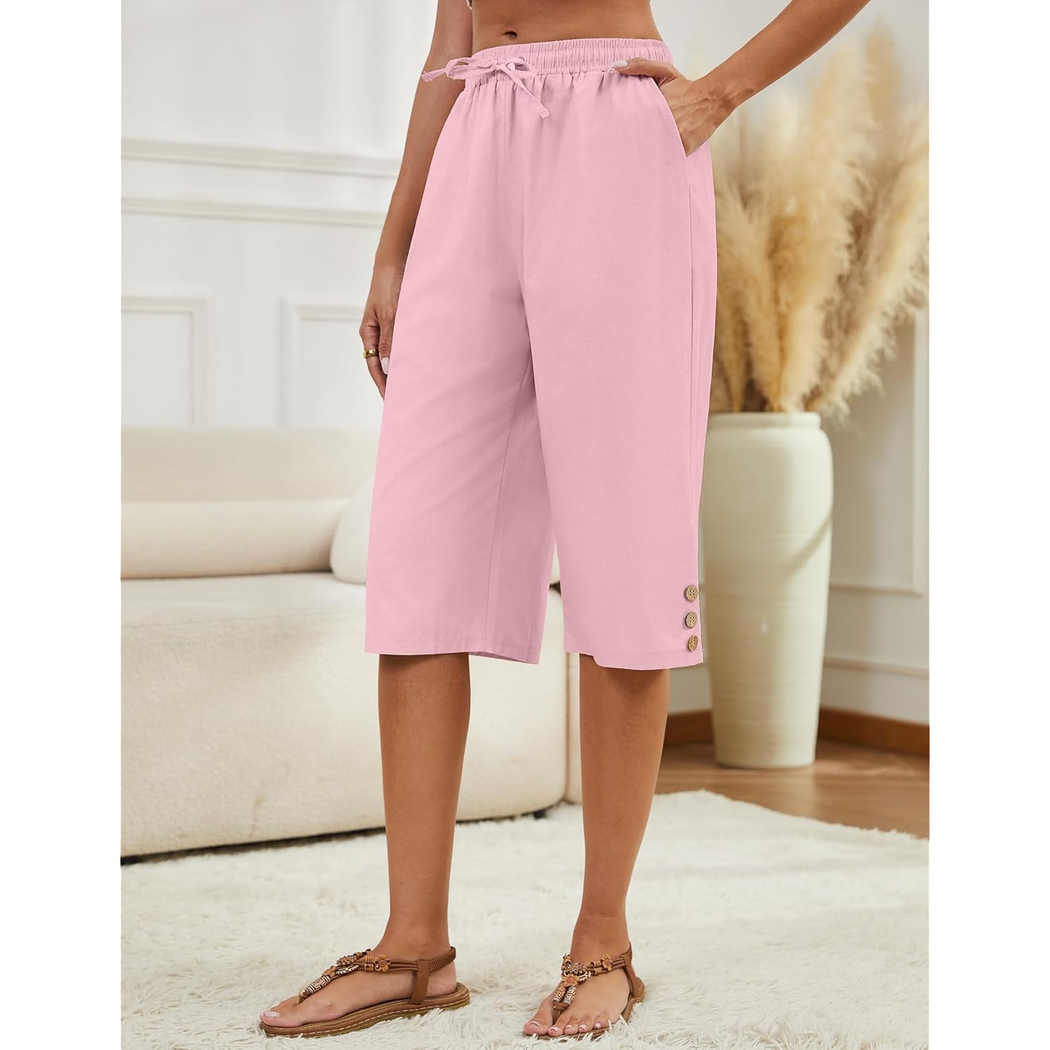 Womens Capris Pants High Waist Drawstring Comfy Casual Pants Lightweight Trousers Buttons with Pockets