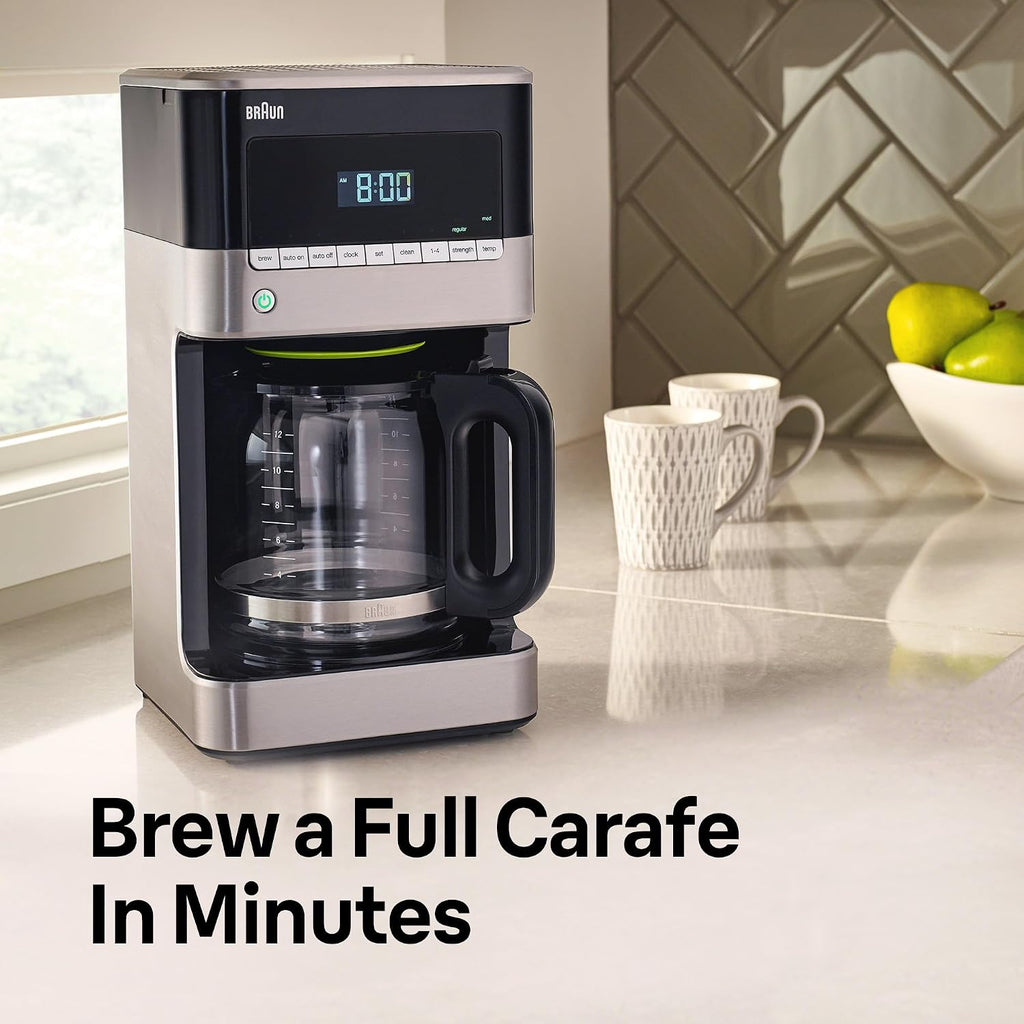 Braun Brewsense 12 Cup Drip Coffee Maker - Pause & Pour Mid Brew, Coffee Machine With 24-Hour Timer & Clock, Bold & Regular Strength, 1-4 Cup Functions, Self Clean, Auto Shutoff, Stainless Steel