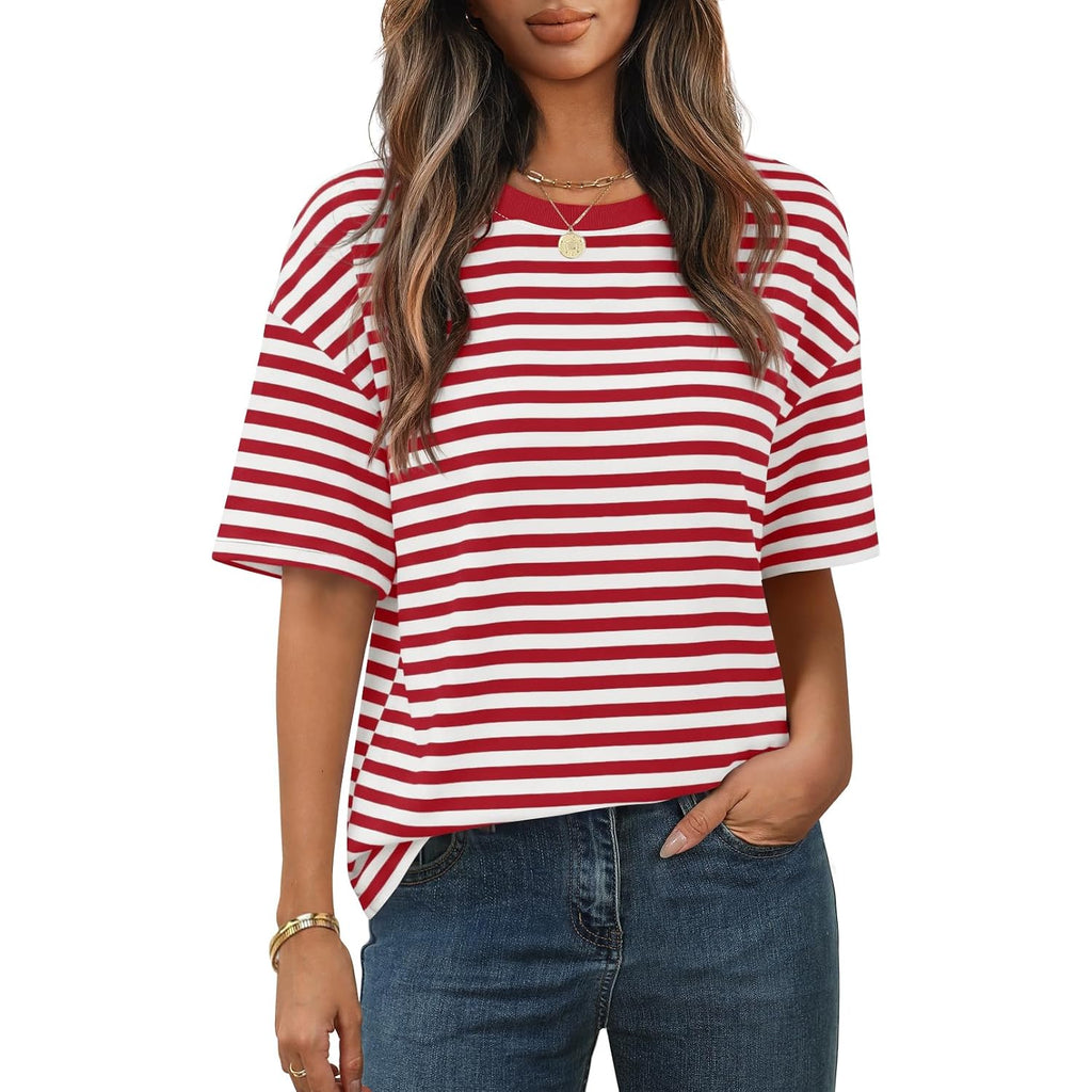 Merokeety Women'S 2026 Summer Short Sleeve Tops Casual Colourful Striped Crewneck Loose Work T Shirts Blouses