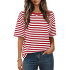 Merokeety Women'S 2026 Summer Short Sleeve Tops Casual Colourful Striped Crewneck Loose Work T Shirts Blouses