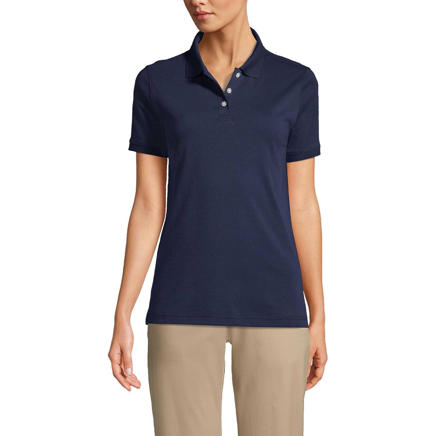 Lands' End Essentials Women's Short Sleeve All Day Comfort Polo Shirt - 100% Cotton Won't Shrink Pill Fade