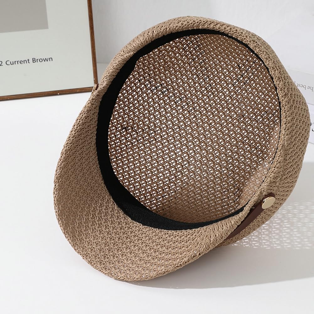 Molodo Womens Summer Breathable Newsboy Hat Lightweight Short Brim Cap with Decorative Strap for Casual Outdoor Style Khaki