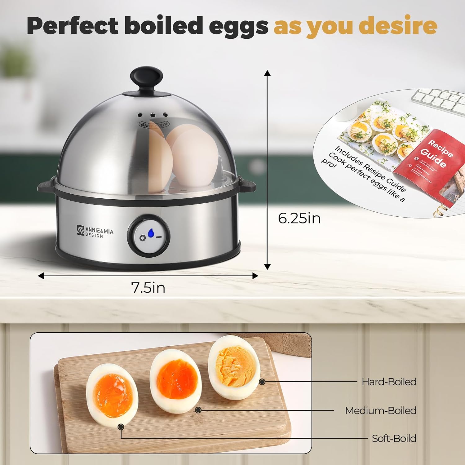 Annie & Mia Design Electric Egg Cooker, All Stainless Steel 7 Egg Capacity Egg Boiler, 360W, Hard, Medium, Soft Boiled Egg Poacher, Egg Steamer, Multi-Function, Auto Shut-Off Function, Bpa-Free