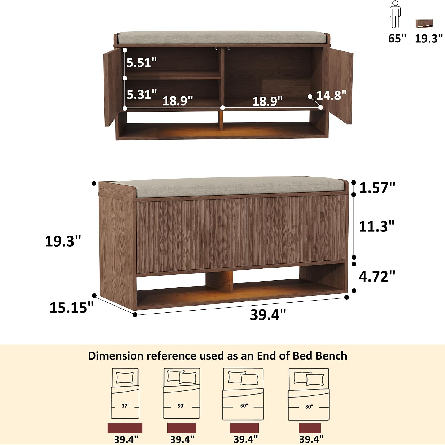 Homefort 39.4" Fluted Shoe Storage Bench, Entryway Bench With Linen Seat Cushion, Shoe Cabinet Bench With Adjustable Shelf And Built-In Led Sensor Light, Bench For Bedroom End Of Bed,Walnut