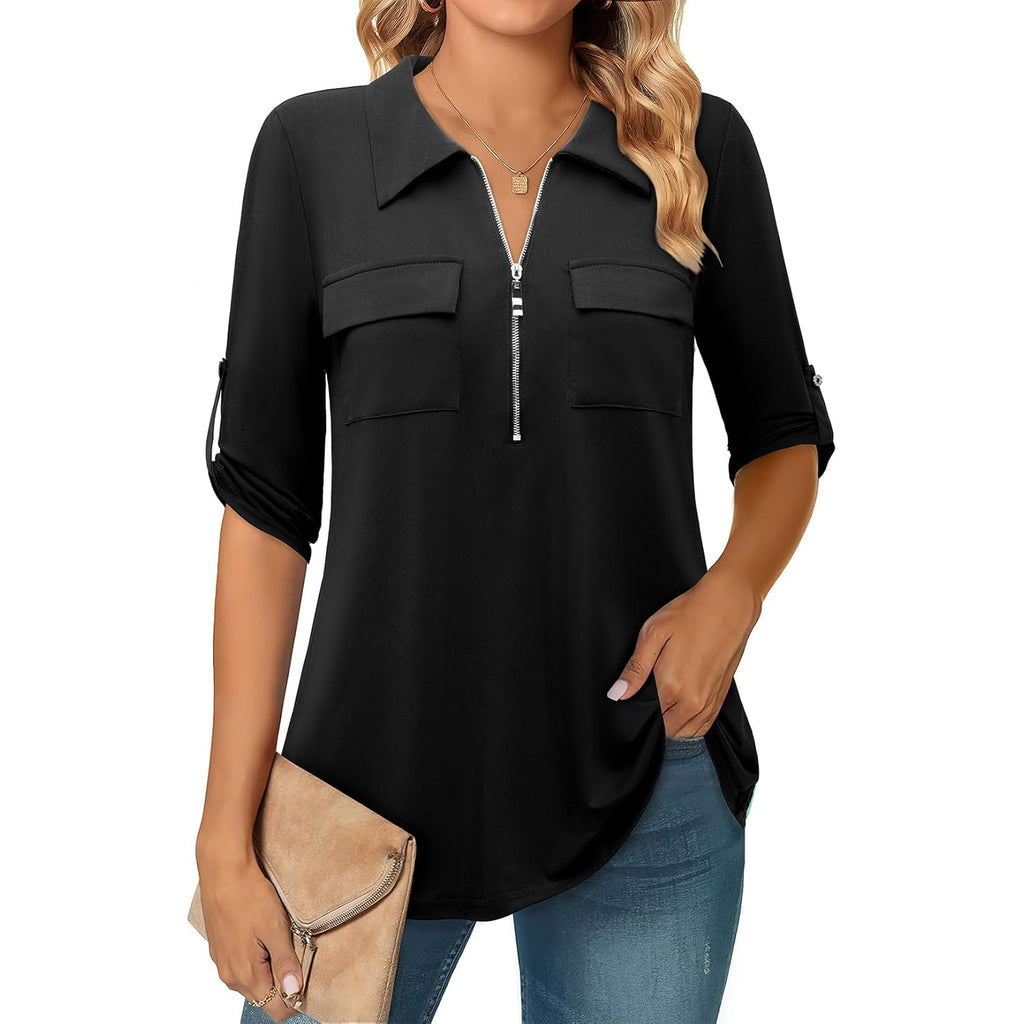 Women's 3/4 Sleeve Collared Blouses Business Casual Tops Zip Front V Neck Work Shirts Loose Fit Tunic Tops