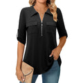 Women's 3/4 Sleeve Collared Blouses Business Casual Tops Zip Front V Neck Work Shirts Loose Fit Tunic Tops