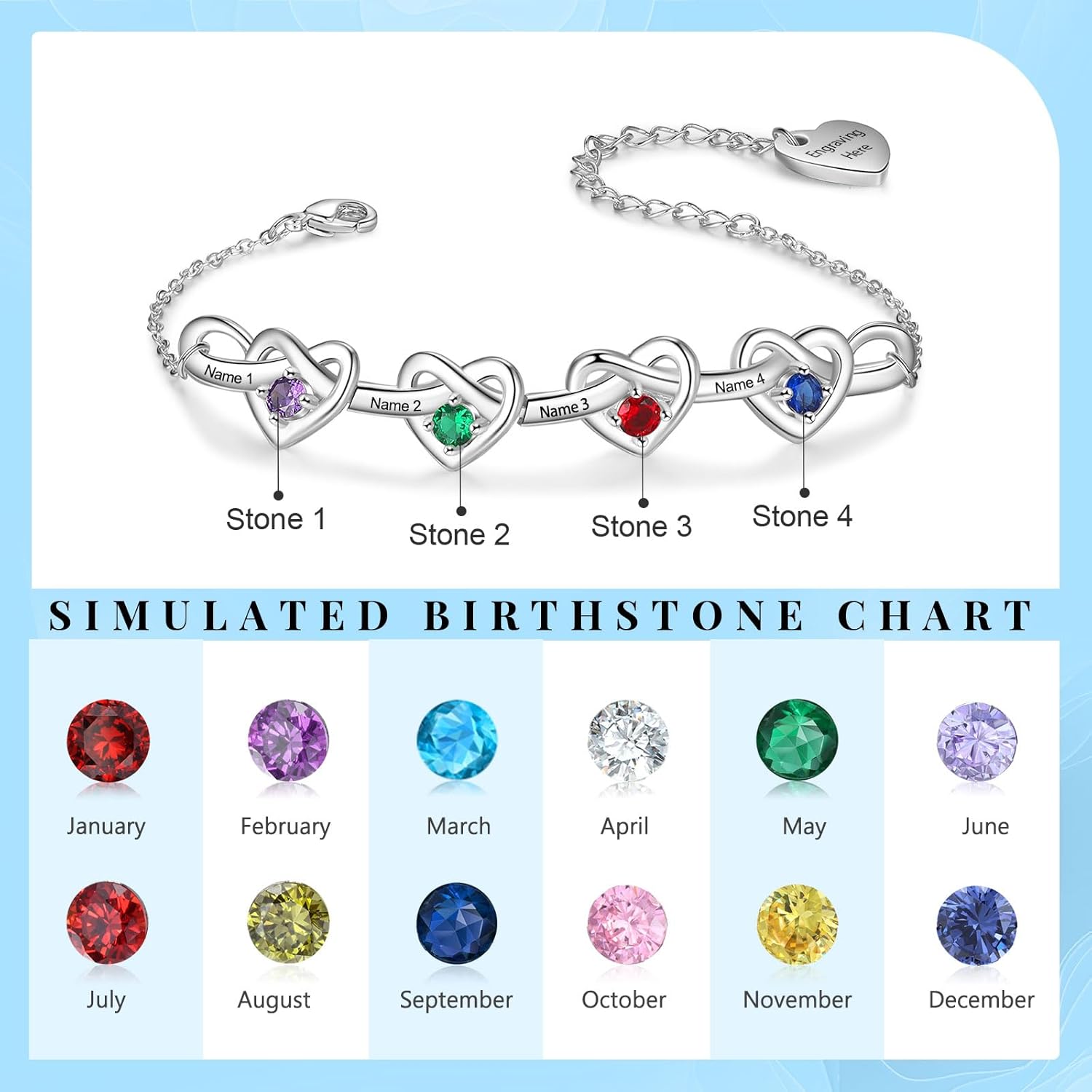 Personalized Infinity Heart Bracelet for Wowen with Birthstones, 18K Gold Names Bracelets, Gift for Women Girls, Mother’s Day, Birthday, Custom Engraved Family Jewelry for Mom, Wife, Grandma