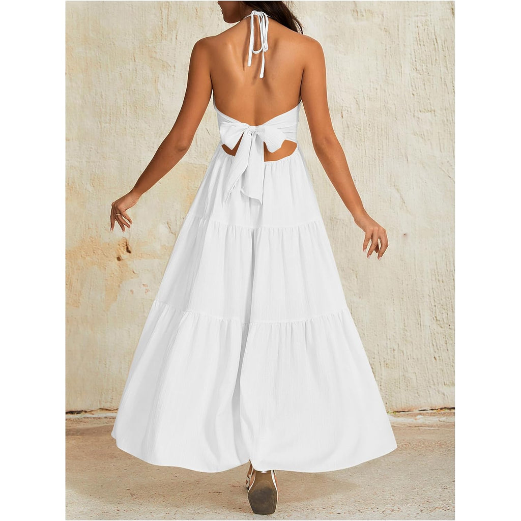 Oyoangle Women'S Summer Beach Halter Sundress Formal Wedding Guest Dress Backless Flowy Vacation Boho Maxi Dresses