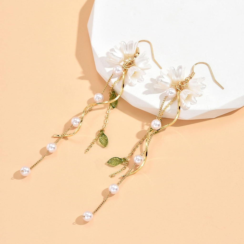 Dangle Flower Leaf Earring White Fairy Flower Summer Dangling Long Tassel Earrings Lily Of The Valley Earrings Jewelry