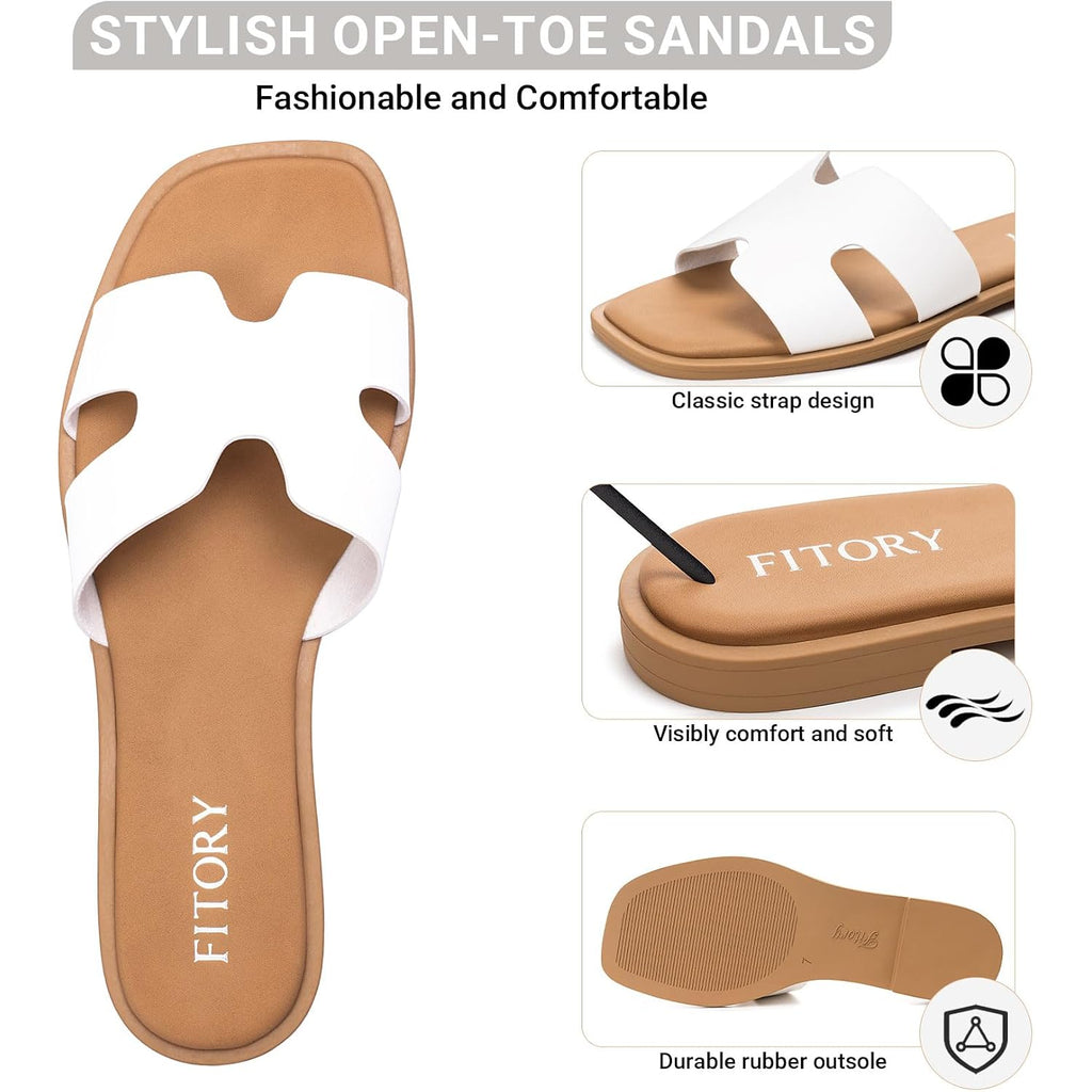 Fitory Women'S Slide Sandals, Flat Fashion Square Open Toe With Cushion Slippers For Summer Beach