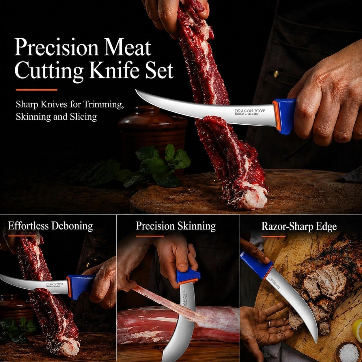 DRAGON RIOT 3 Pcs Butcher Knife Set, Stainless Steel Boning & Carving Knives, Sharp Kitchen Cutlery for Meat Cutting Trimming, Perfect for Home Kitchen, Outdoor Camping BBQ & Holiday Gift