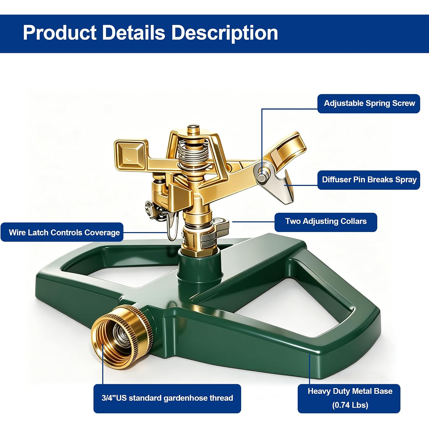 Hourleey Impact Pulsating Sprinklers For Yard - Heavy Duty Lawn Sprinkler With Metal Base, Adjustable Rotating 360 Degree For Large Area Garden, Coverage Up To 5,800 Sq. Ft