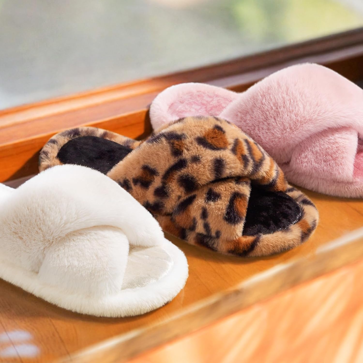 Snug Leaves Women'S Fluffy Open Toe Slippers Cross Band Indoor Outdoor