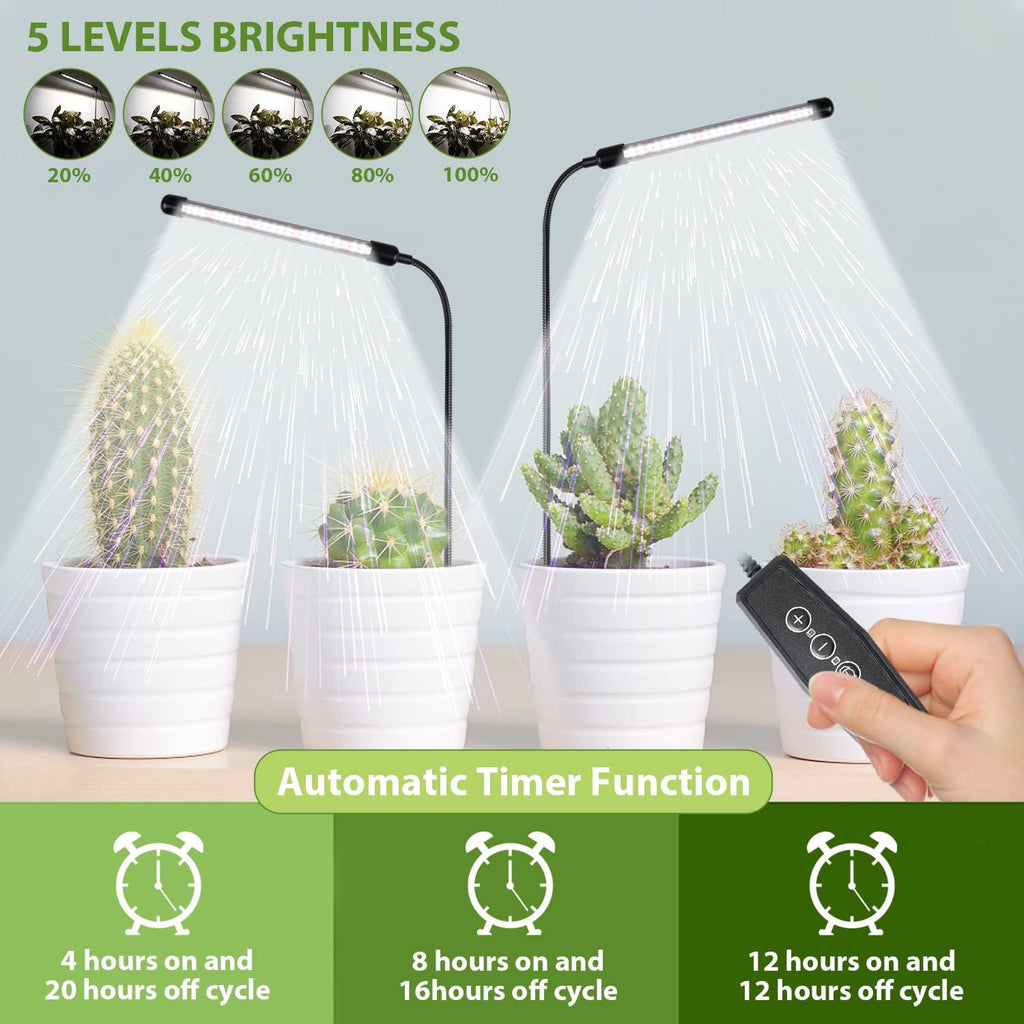 Grow Light For Indoor Plants Growing, 6000K Full Spectrum Gooseneck Plant Lamp For Seedings Succulents Small Plants, Auto On/Off Timing & 5 Dimming, 1-Pack