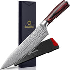 8 Inch Chef Knife - Ultra Sharp 12-15 Degree Edge Kitchen Knife For Meat Vegetable Cutting Japanese Style, High Carbon Stainless Steel Blade, Pakkawood Handle &Sheath, Cooking & Bbq Gift