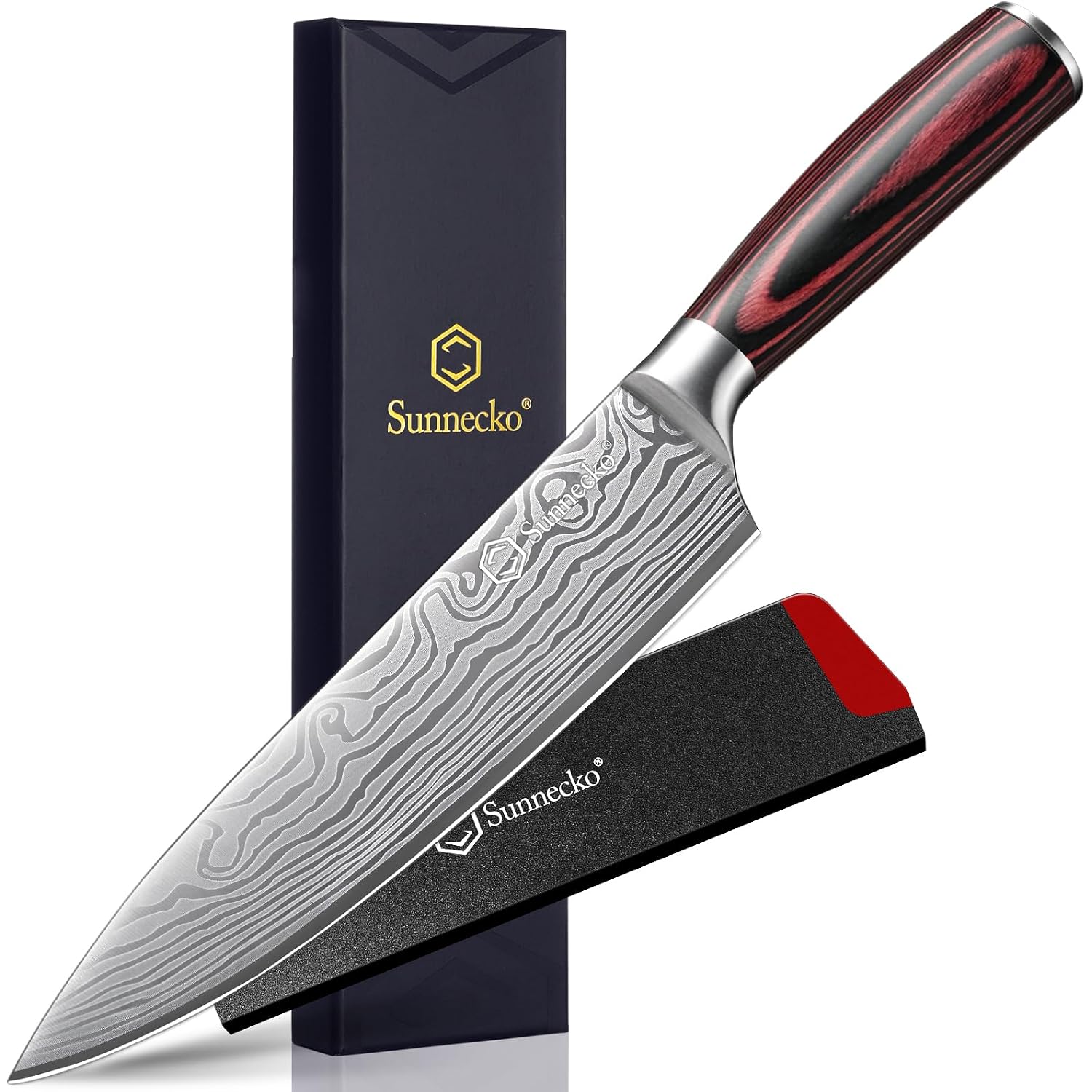 8 Inch Chef Knife - Ultra Sharp 12-15 Degree Edge Kitchen Knife For Meat Vegetable Cutting Japanese Style, High Carbon Stainless Steel Blade, Pakkawood Handle &Sheath, Cooking & Bbq Gift