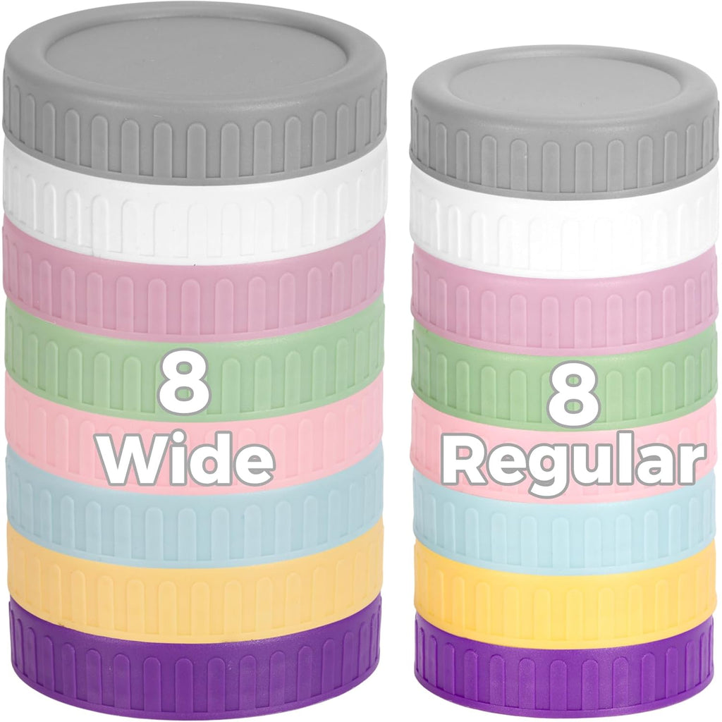 [16 Piece]8 Wide Mouth + 8 Regular Mouth Mason Jar Lids, Multi Color Plastic Lids for Mason Jars with Silicone Rings, Thickened Leak-Proof Canning Lids Regular Wide Mouth