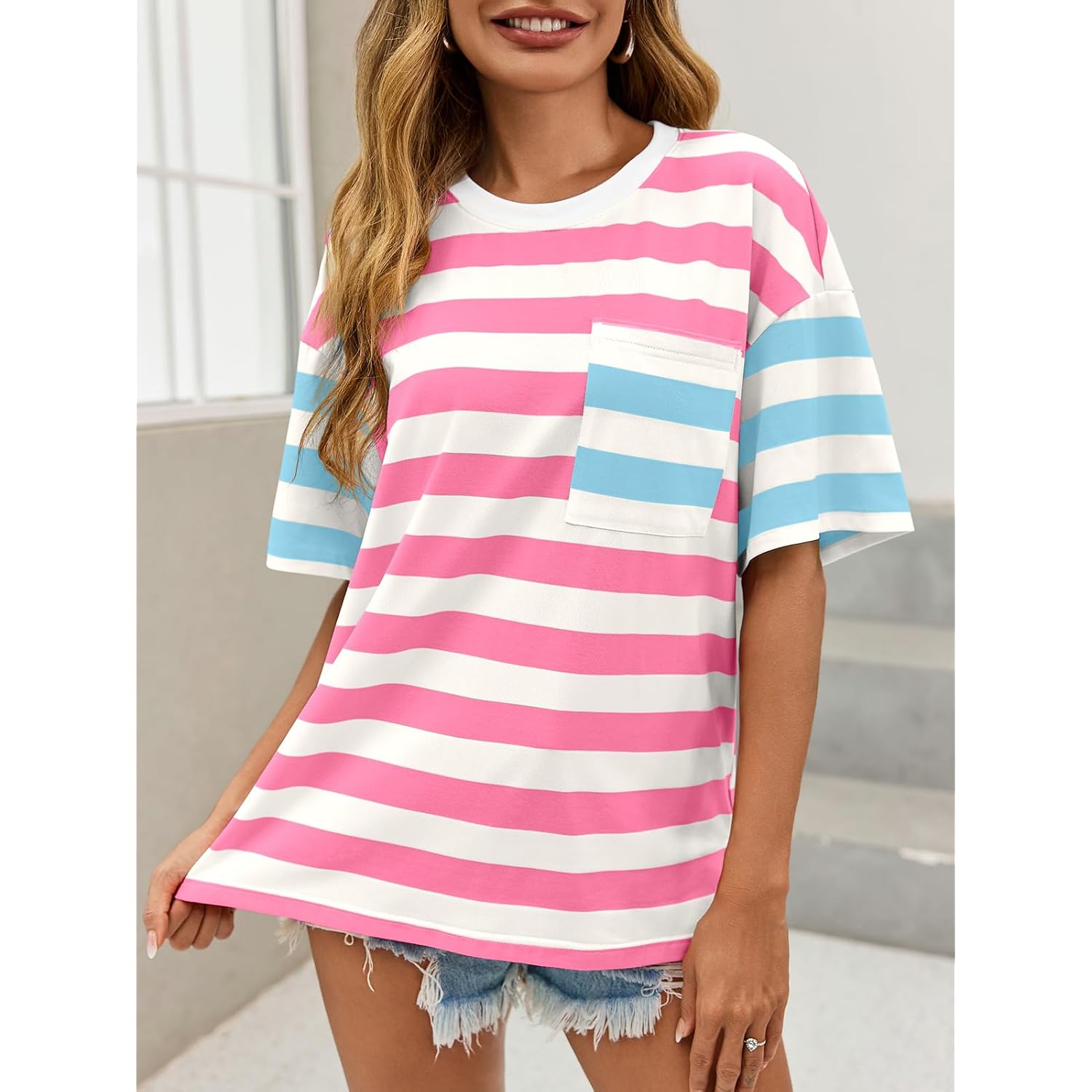 Womens Oversized Color Block Striped Tshirts Summer Casual Short Sleeve Tops Loose Fit Crew Neck Shirts