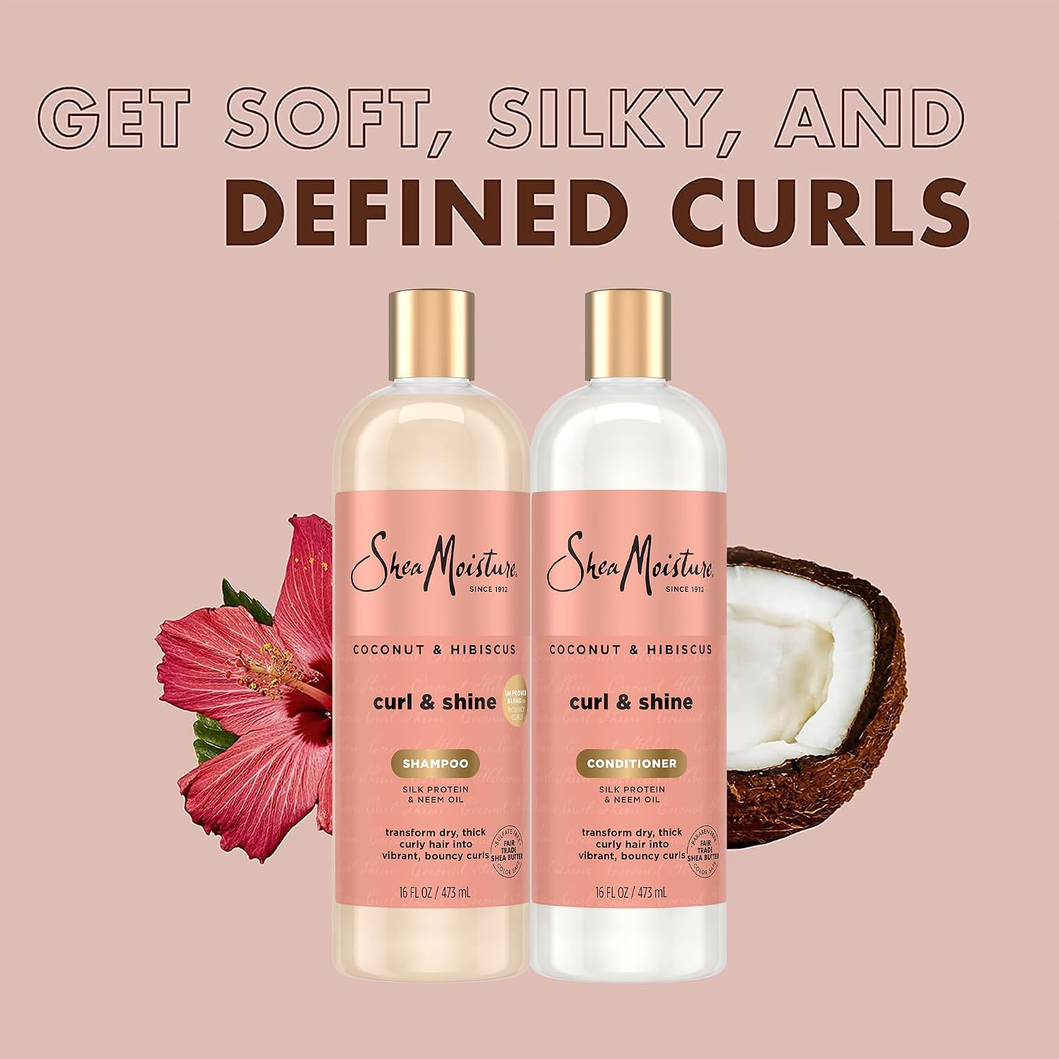 Sheamoisture Coconut & Hibiscus Curl & Shine Shampoo & Conditioner For Bouncy Curls, Frizz Control, 16 Oz Ea