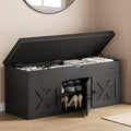 Shoe Storage Bench With Lift Top & 3 Barn Doors, Entryway Bench With Removable Cushion, Adjustable Shelf, Hidden Storage Cabinet For Hallway, Living Room, Bedroom - Black