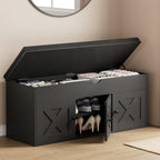 Shoe Storage Bench With Lift Top & 3 Barn Doors, Entryway Bench With Removable Cushion, Adjustable Shelf, Hidden Storage Cabinet For Hallway, Living Room, Bedroom - Black