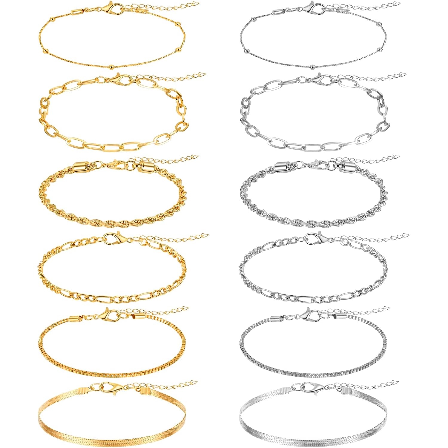 Gold Silver Ankle Bracelets for Women 12 Pcs Cuban Anklet Link Chain Set Multi-layered Wear Boho Bracelet Set Summer Beach Jewelry Accessories