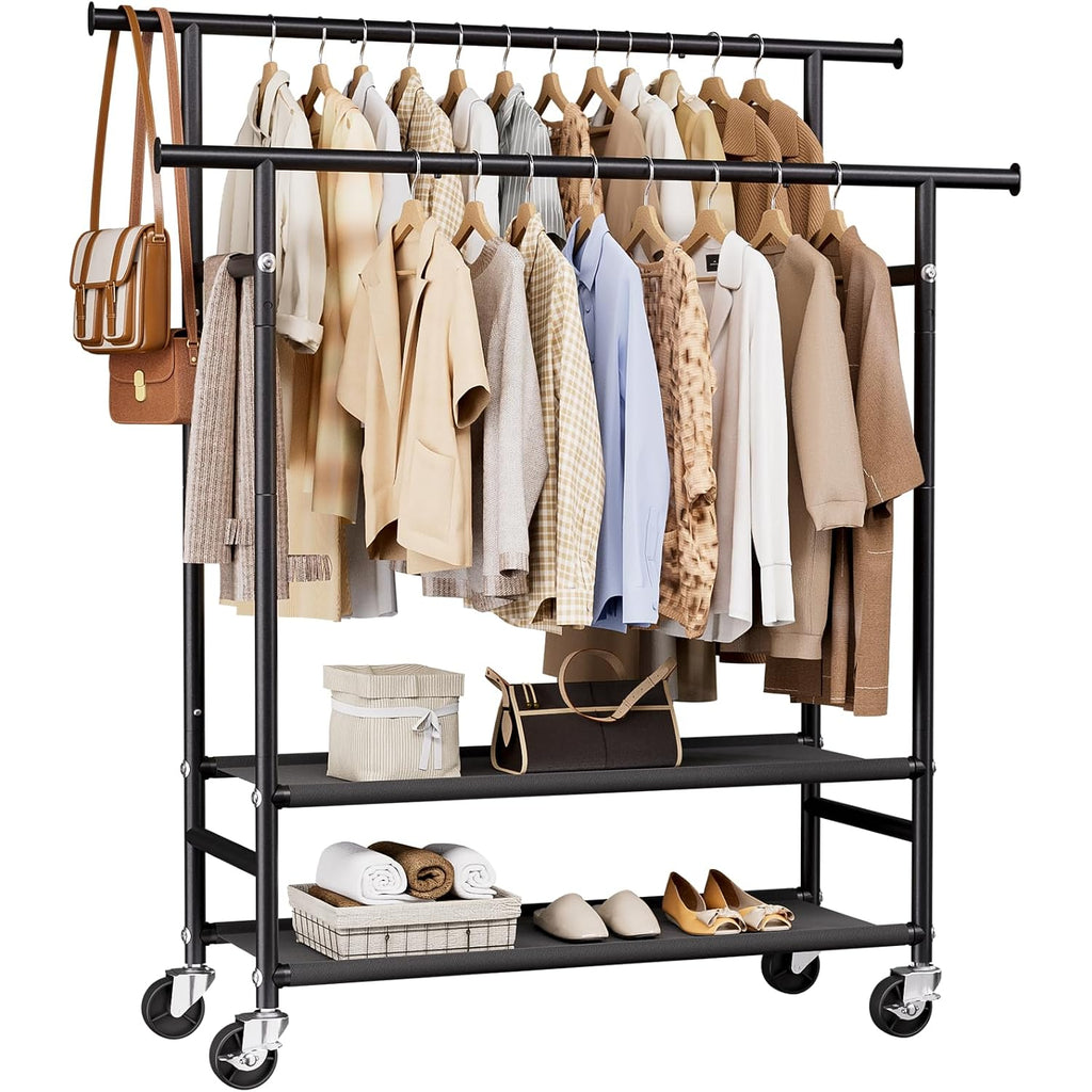 Hyseyy Clothes Rack,Double Rods Rolling Clothing Rack For Hanging Clothes,Portable Garment Rack With 2-Tier Storage Shelves,Free Standing Wardrobe Closet Coat Rack On Wheels For Bedroom,Laundry Room