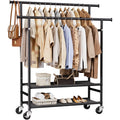 Hyseyy Clothes Rack,Double Rods Rolling Clothing Rack For Hanging Clothes,Portable Garment Rack With 2-Tier Storage Shelves,Free Standing Wardrobe Closet Coat Rack On Wheels For Bedroom,Laundry Room