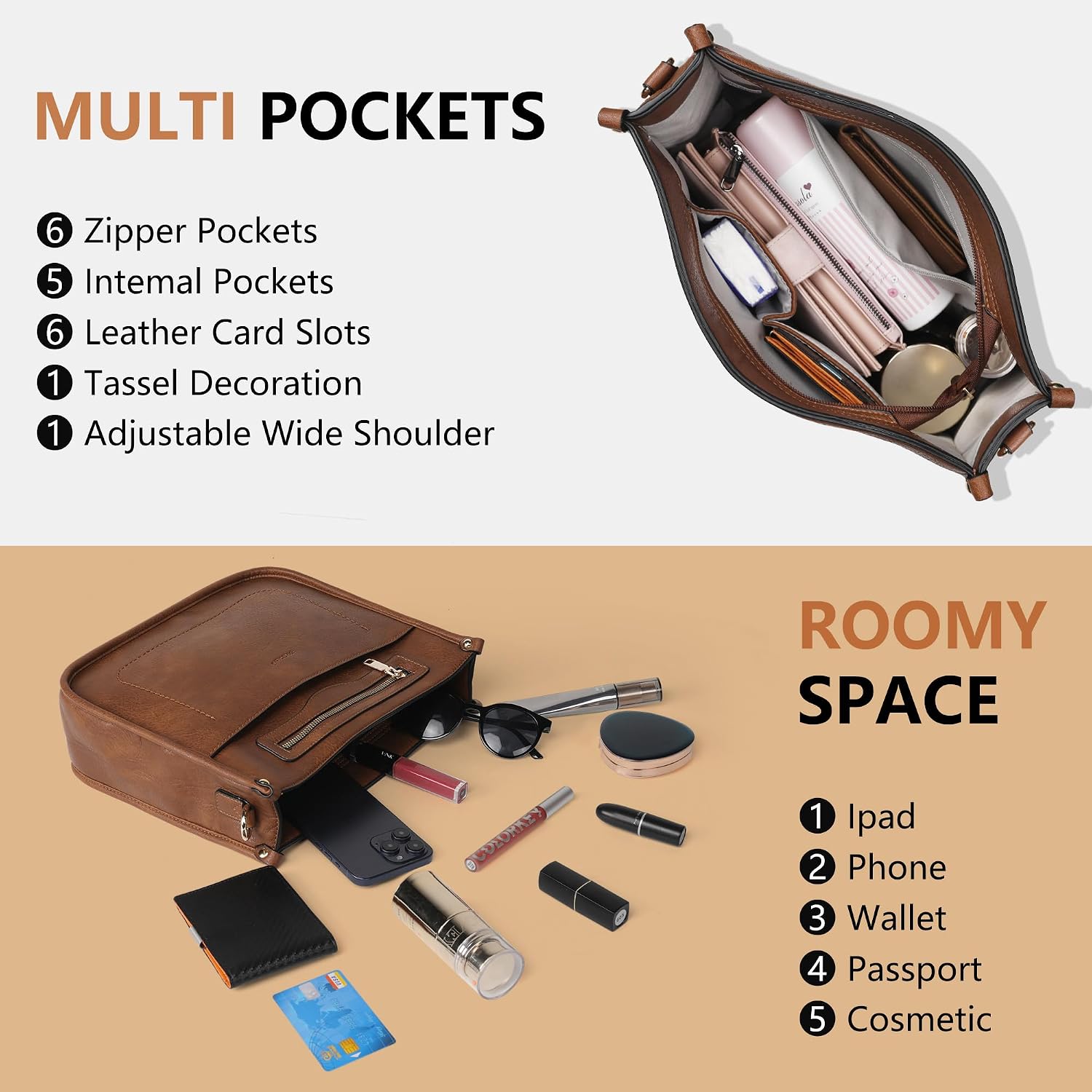 Tantomi Vegan Leather Crossbody Bags For Women Hobo Travel Purse Multi-Pocket Trendy Handbags & Womens Crossbody Bag