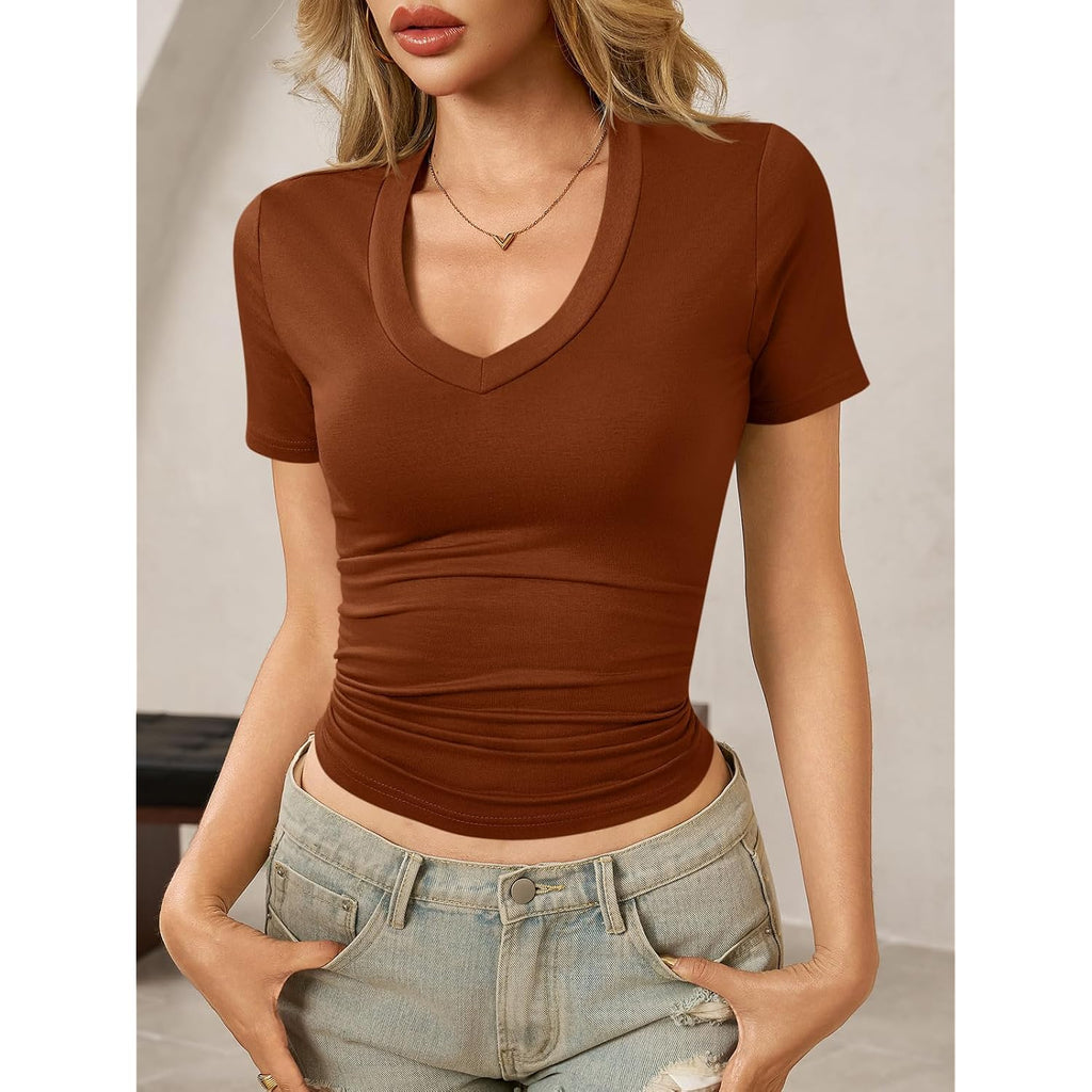 Womens Summer Sexy Short Sleeve Tshirt Tops Deep V Neck Shirts Casual Slim Fit Basic T-Shirt Tee