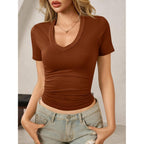 Womens Summer Sexy Short Sleeve Tshirt Tops Deep V Neck Shirts Casual Slim Fit Basic T-Shirt Tee